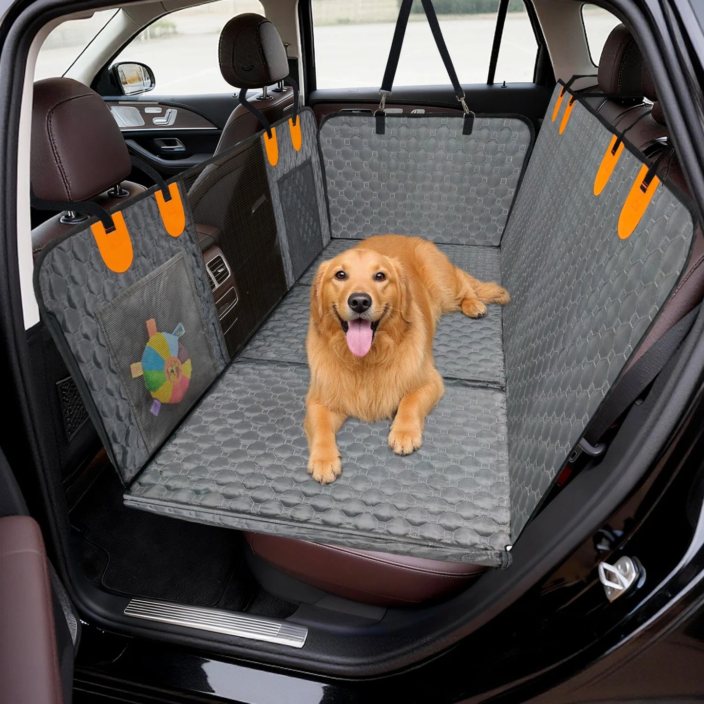 Dog Car Seat Cover for Pets Waterproof Car Back Seat Extender Dog Hammock Bed Hard Bottom Backseat Protector with Pockets