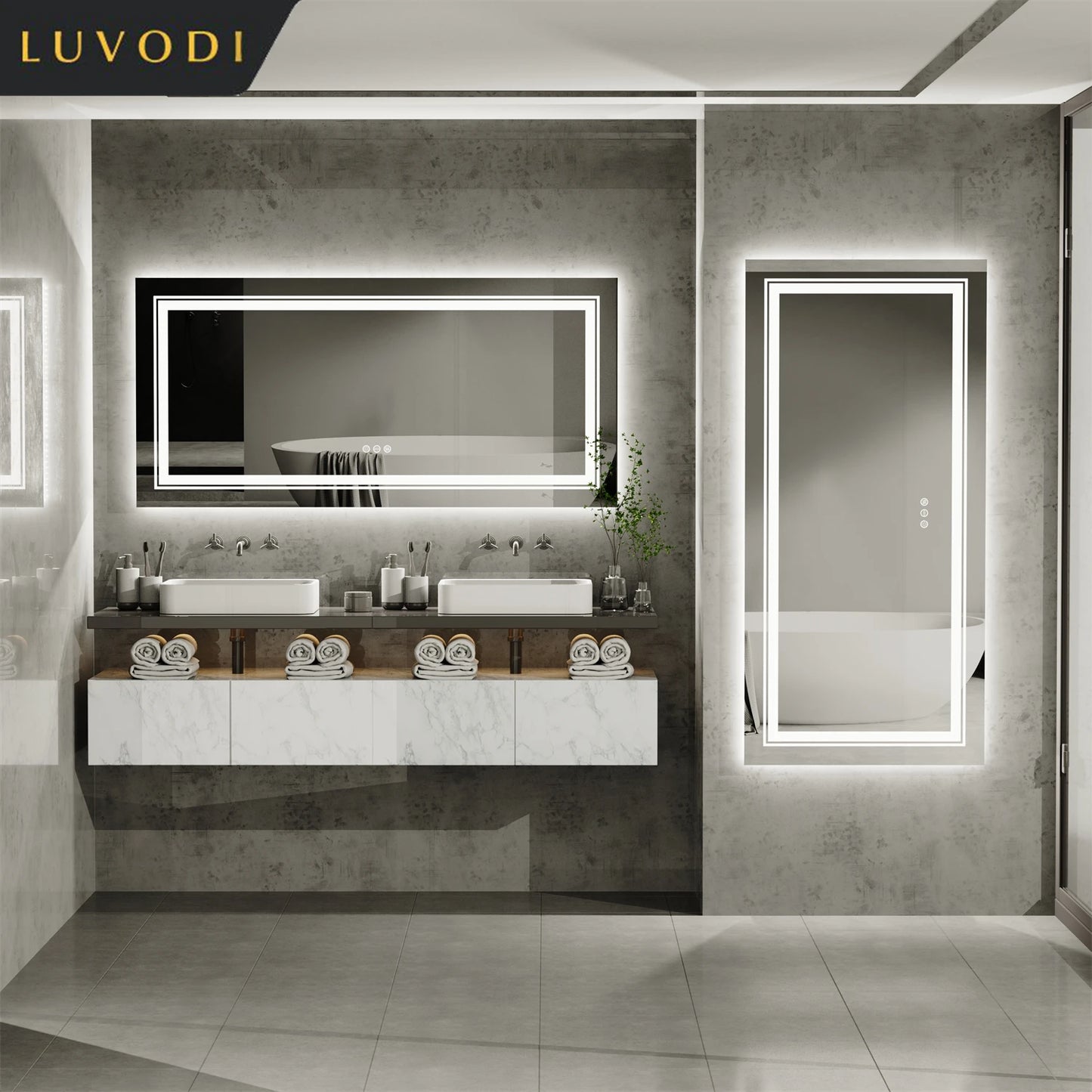 LUVODI Large Full-Length Mirror for Bathroom Double Sink Dressing Salon with 3-Color Lights Adjustable Illumination Makeup Mirror