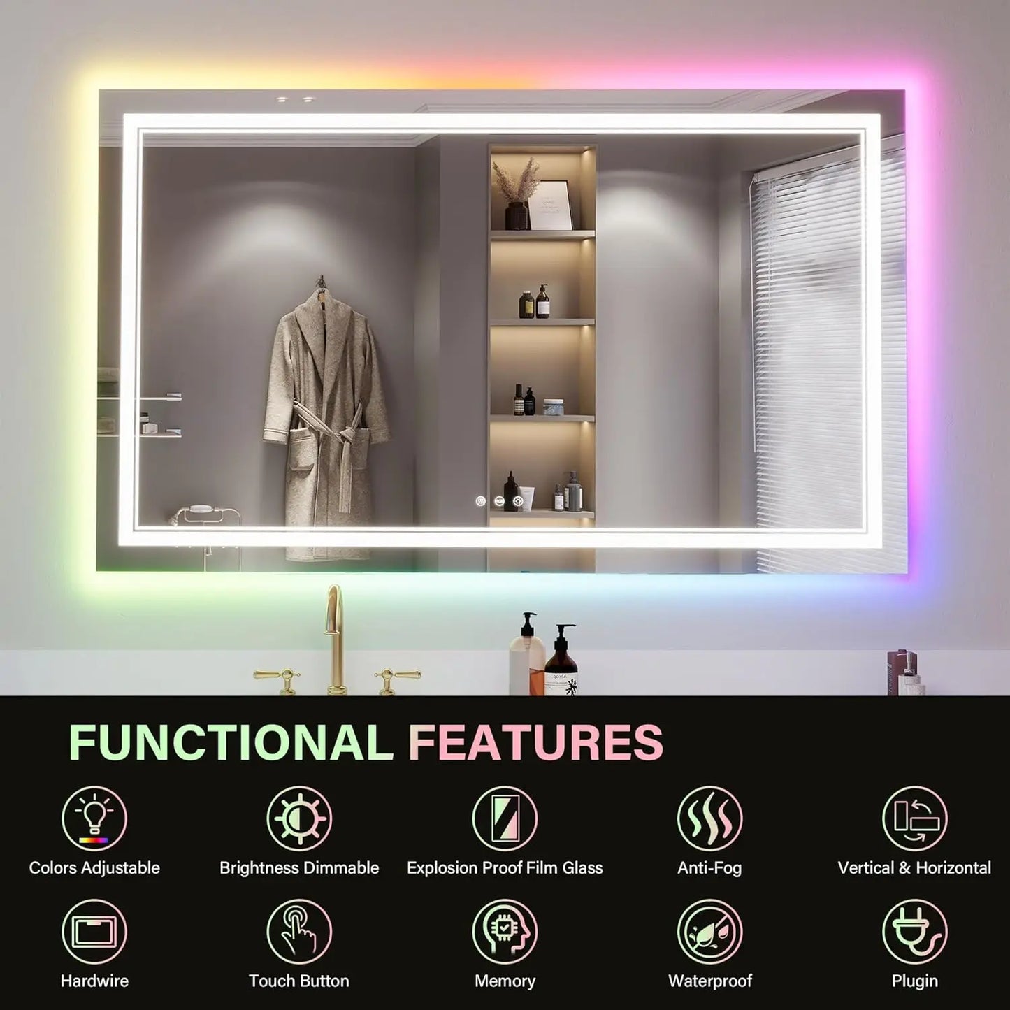 Led Bathroom Mirror With Rgb Function Double Lights, Anti-Fog Wall Bathroom Mirror Vanity Mirror With Memory Function