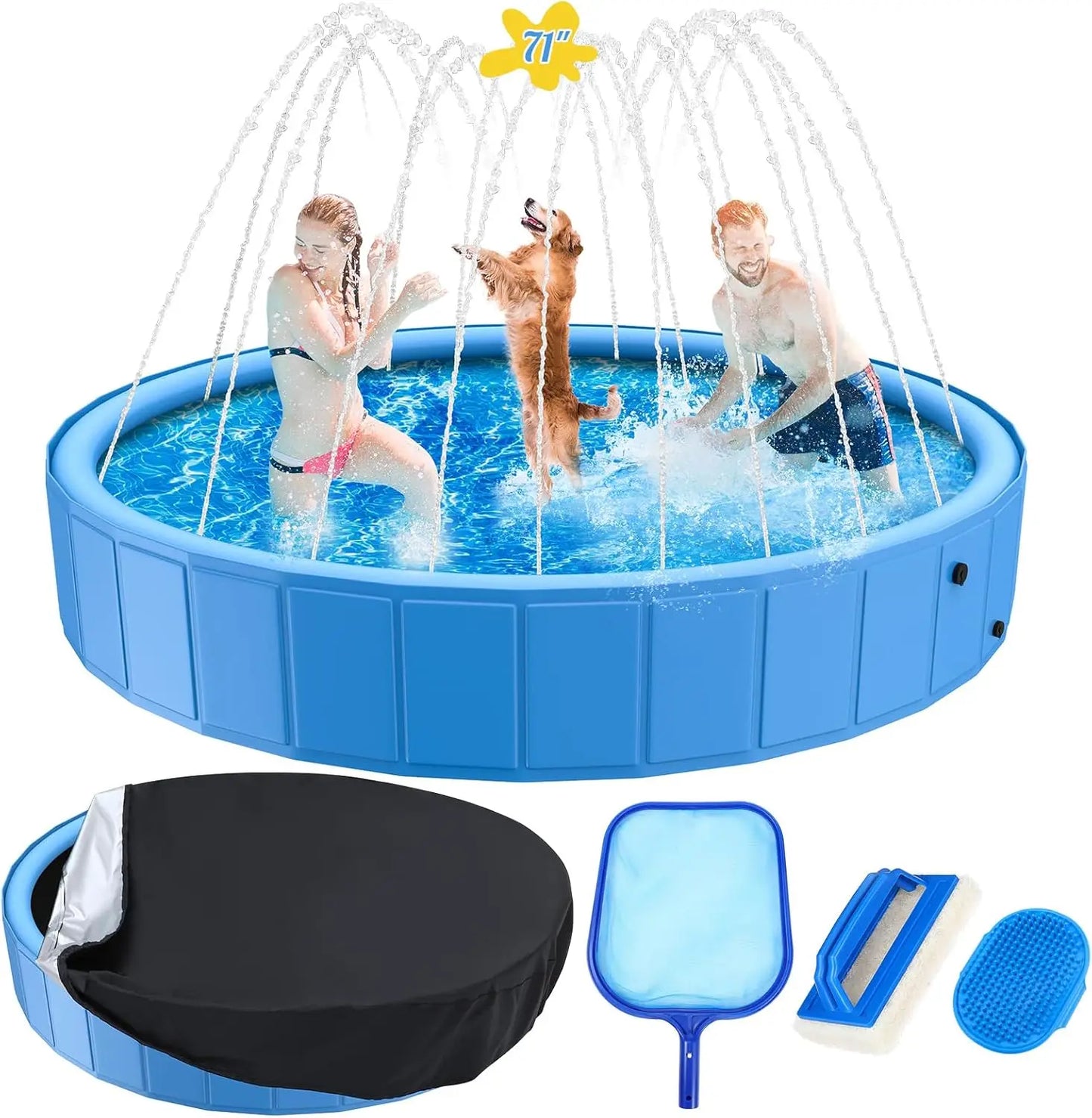 71in Foldable Dog Pool with Cover, Heavy Duty Splash Pad for Large Dogs, Outdoor Summer Water Fun