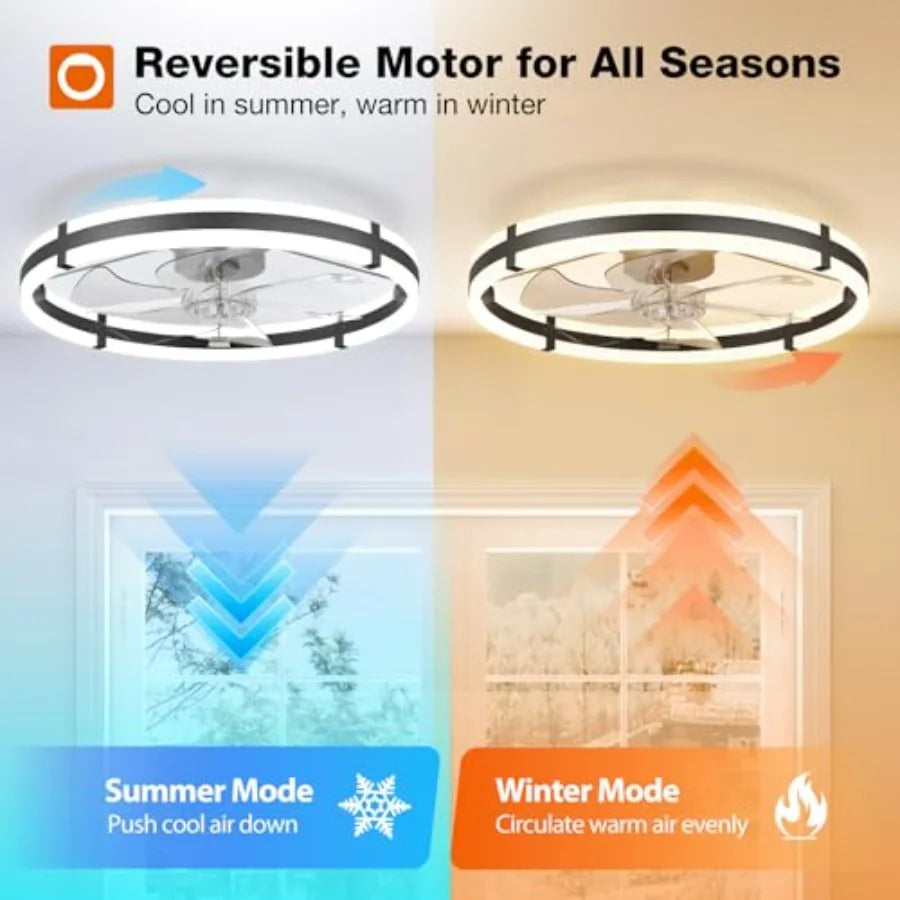 24'' ceiling fan with light for bedroom, kitchen, living room; black metal; dimmable 3000-6000K LED; low-profile flush mount, m