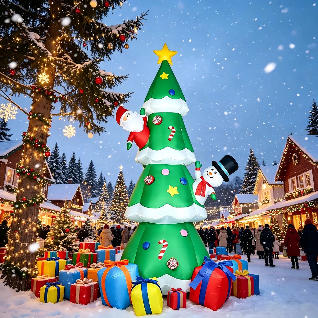 9FT Blow Up Christmas Tree with Santa & Snowman, Built-in LED Lights,