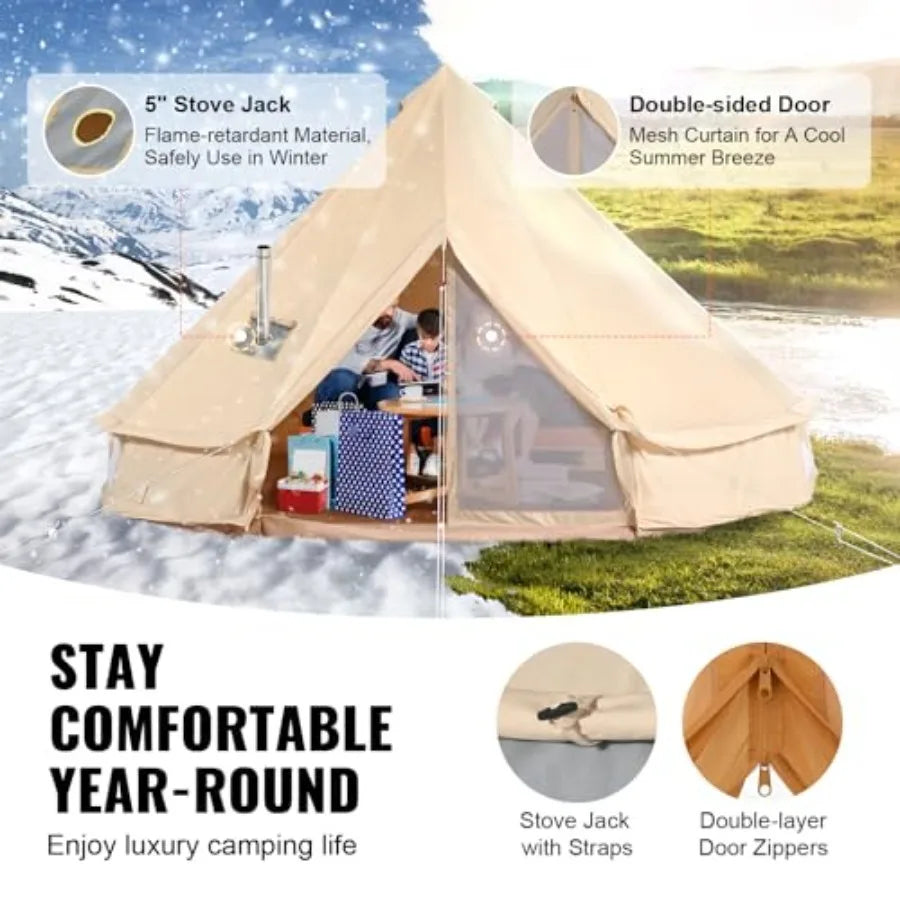 Canvas Bell Tent - 4 Seasons Breathable 100 Cotton Canvas Yurt - w/Stove Jack, Luxury Glamping Tent Waterproof for Family