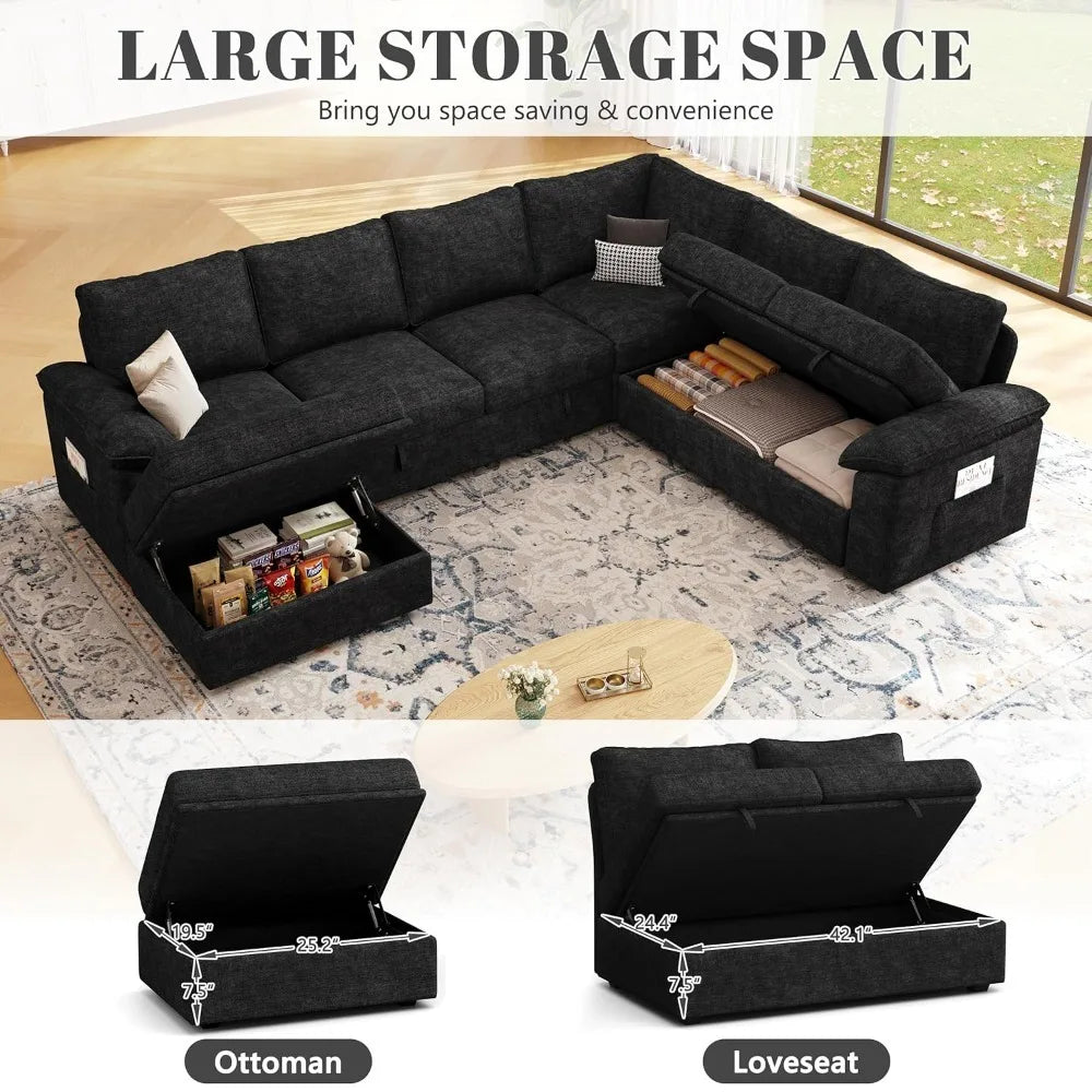 108 Inch Modular Sectional Sofa with Pull Out Bed, U Shaped 7 Seat Sectional Sleeper Sofa with Storage, Sectional, Customized