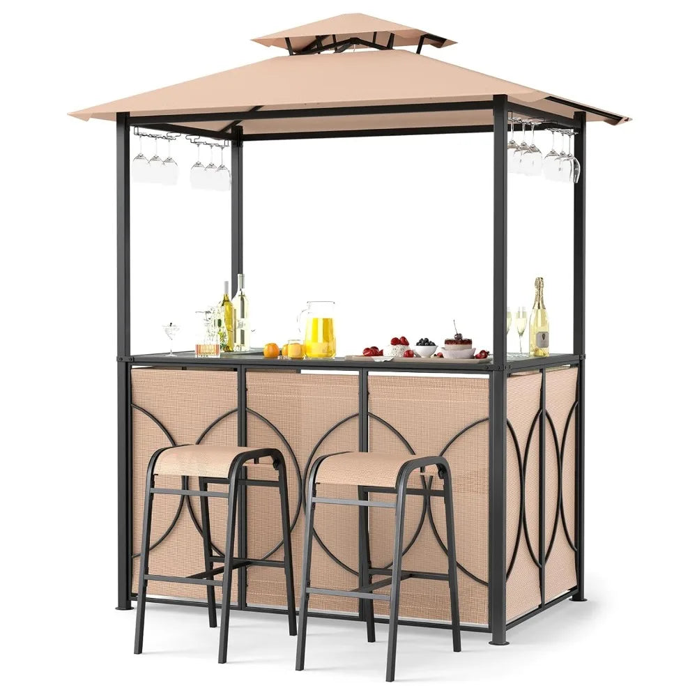 3-Piece Patio Bar Set, Grill Gazebo & 2 Bar Stools with Tempered Glass Bar Table, Metal Storage Shelves, Glass, Customized