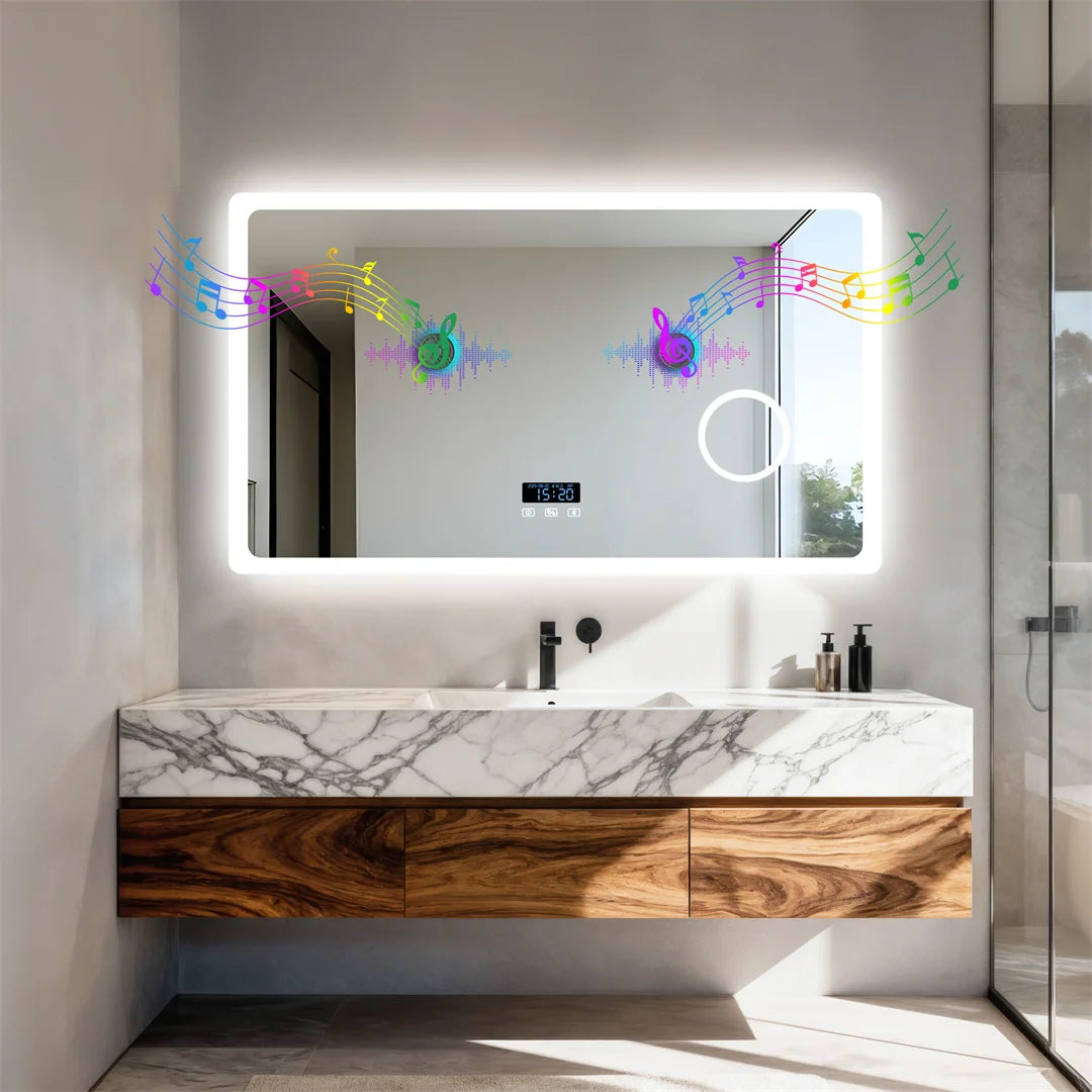 Bluetooth LED Bathroom Mirror 120x70cm Rectangle 3X Magnifying Tempered Glass Makeup Dressing Mirror with Time Display