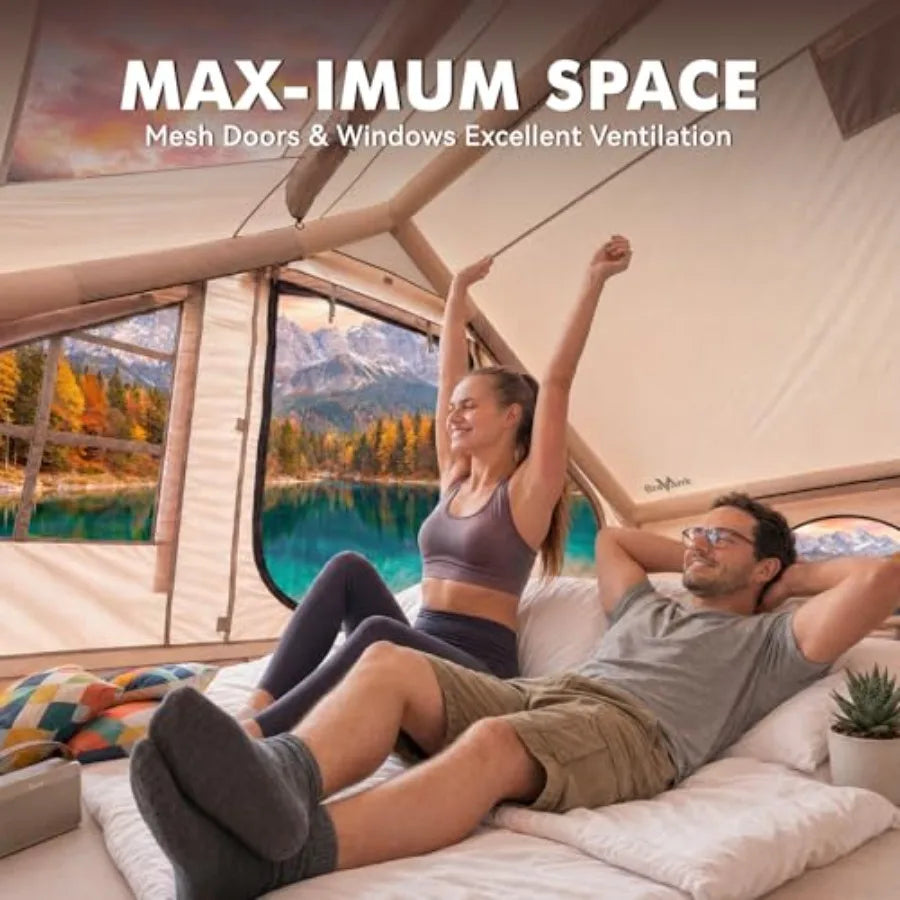 Inflatable Tent for Camping, Glamping Hiking PVC-TPU Hybrid, Gray-Black, Waterproof with Skylight, Stove Jack Integrated Pump