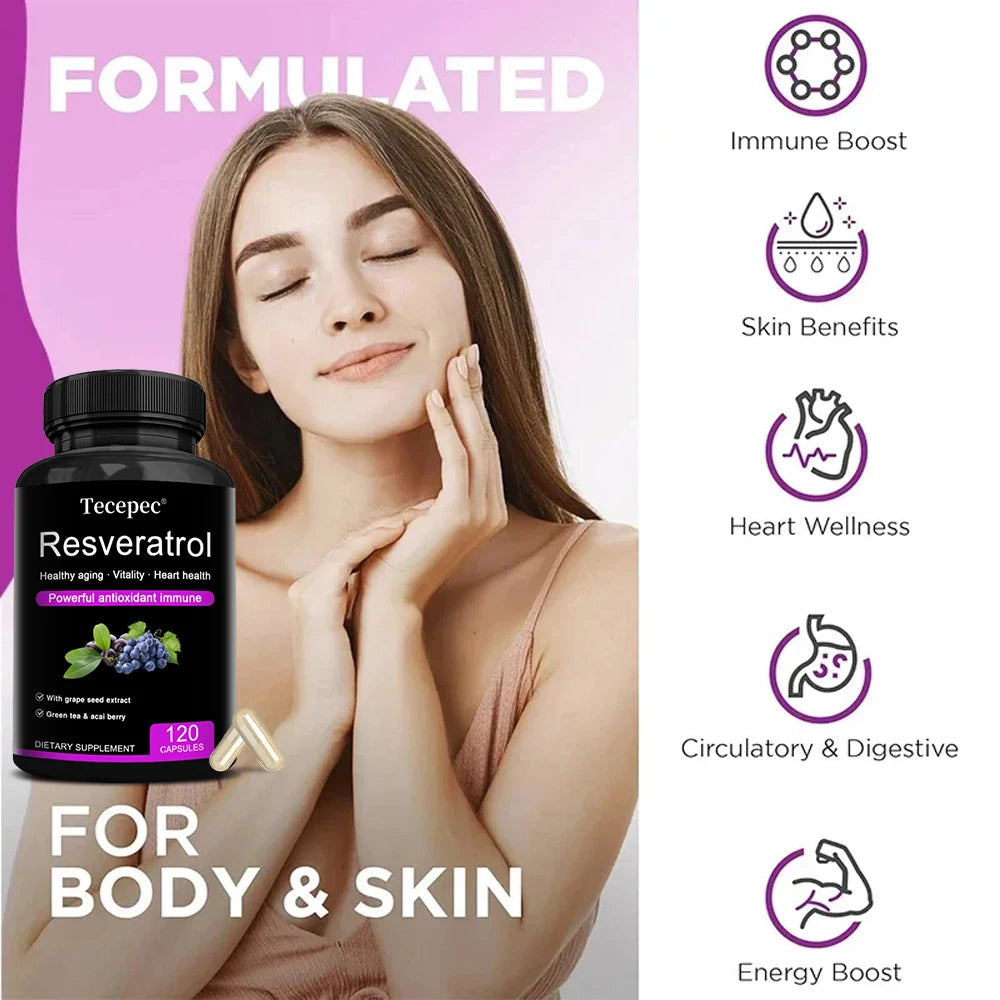 Resveratrol Supplement 1200mg - with Green Tea Leaf & Grape Seed - Anti-Aging, Antioxidant, Cardiovascular Health