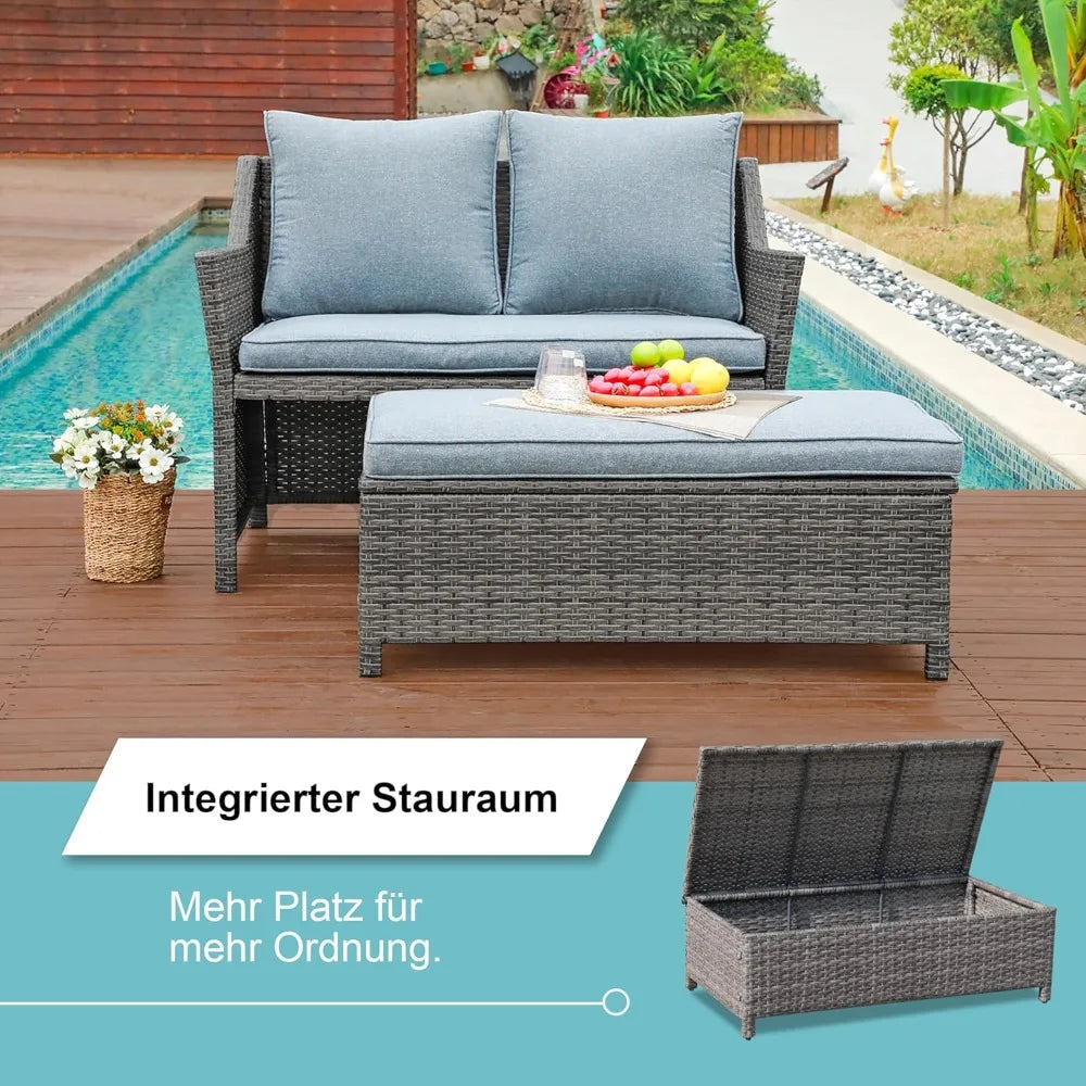 2-Piece Outdoor Patio Furniture Wicker Love-seat and Coffee Table Set, with Built-in Storage Bin, Grey Rattan, Grey, Customized