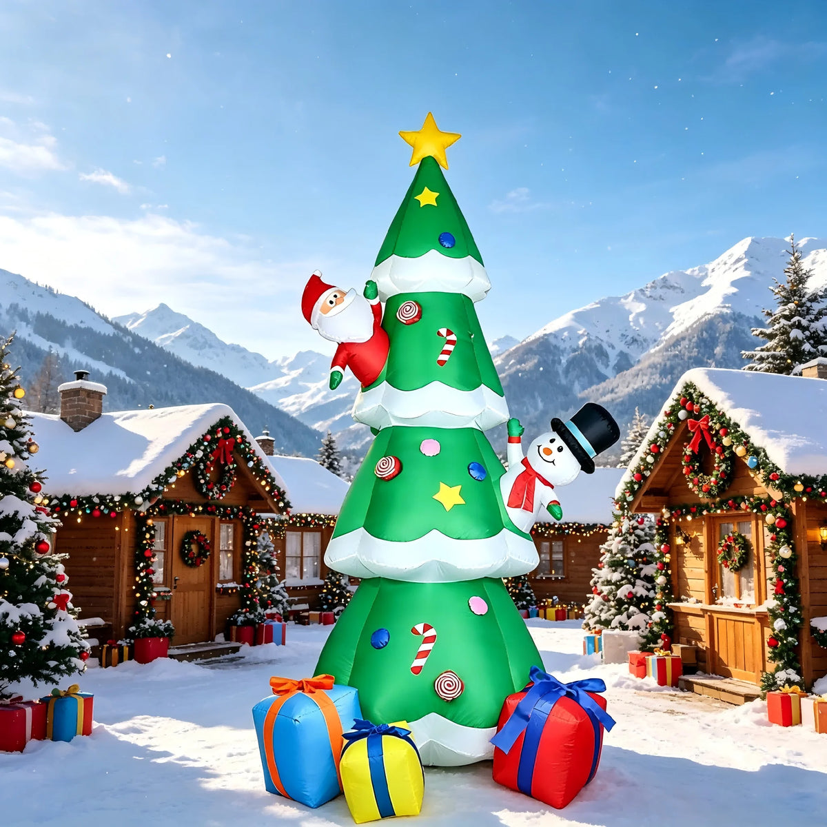 9FT Blow Up Christmas Tree with Santa & Snowman, Built-in LED Lights,