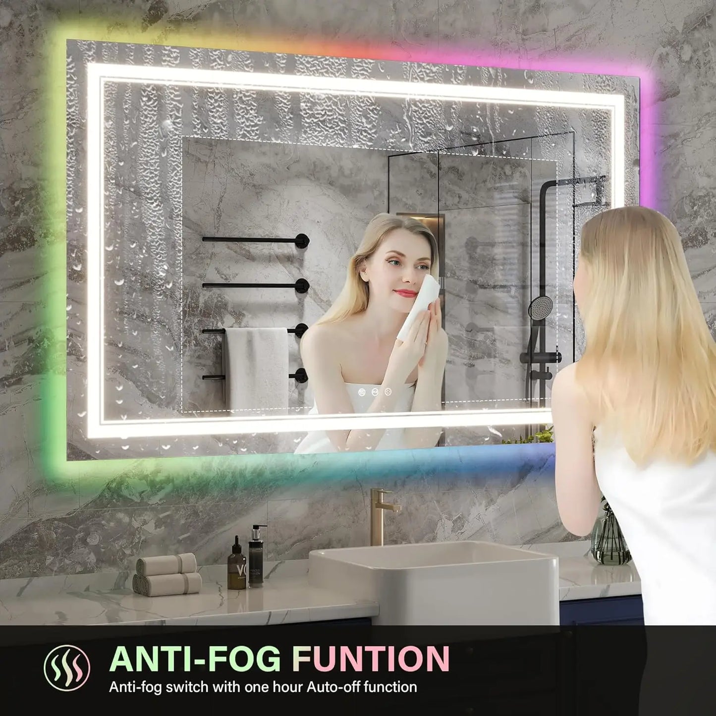 Led Bathroom Mirror With Rgb Function Double Lights, Anti-Fog Wall Bathroom Mirror Vanity Mirror With Memory Function