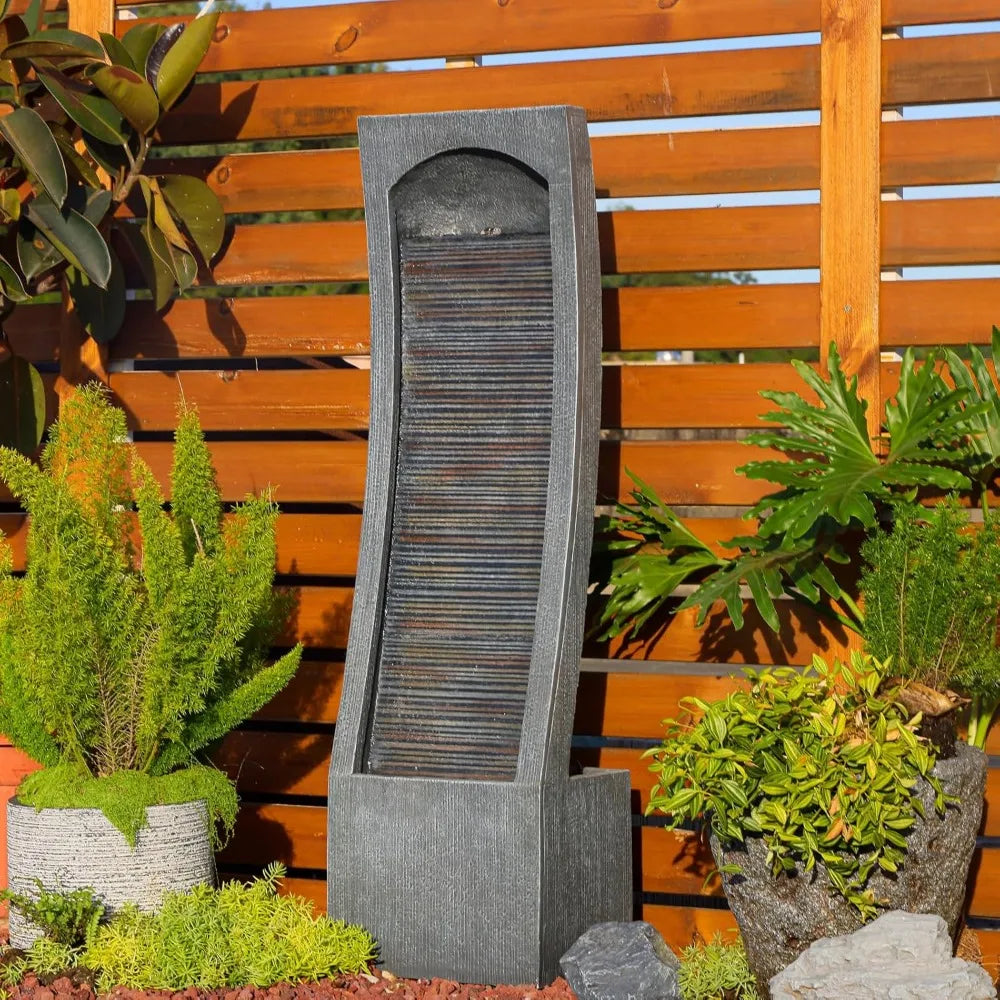Modern Indoor Water Fountain Curved Faux Slate Waterfall Fountain with LED Lighting, 42.5-Inch Tall Tiered Waterfall Fountain fo