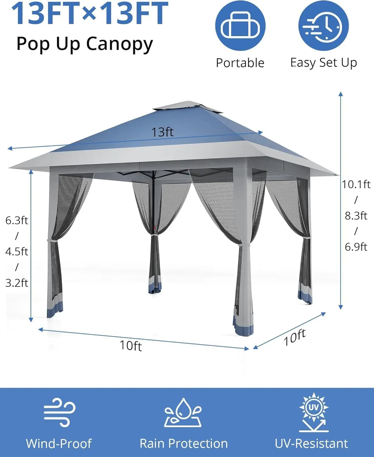 Pop-Up Outdoor Gazebo 13x13FT with Double Roof, Mosquito Netting, Adjustable Height, UV-Resistant Heavy-Duty Patio Canopy Tent