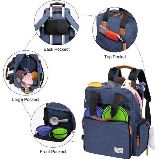 Dog Travel Bag, Airline Approved Backpack, Pet Accessories Organizer, Tote Weekend Bag with 2 Food Storage Containers, 2 Collaps