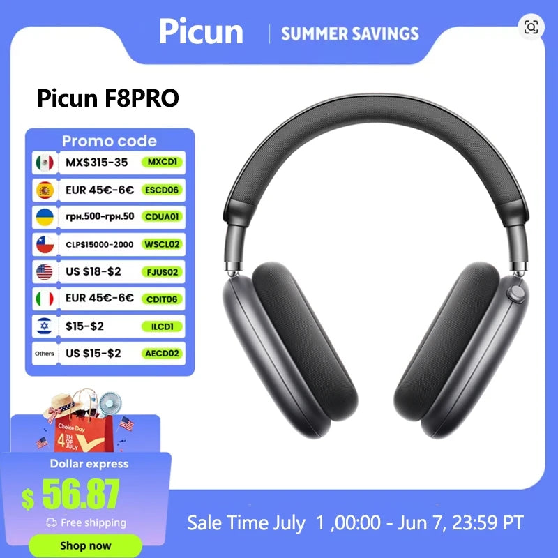 Picun F8 Pro ANC Wireless Headphones Head Tracking 3D Spatial Audio -52dB ANC HIFI Bluetooth Headset ENC HD Mic Low-Latency APP