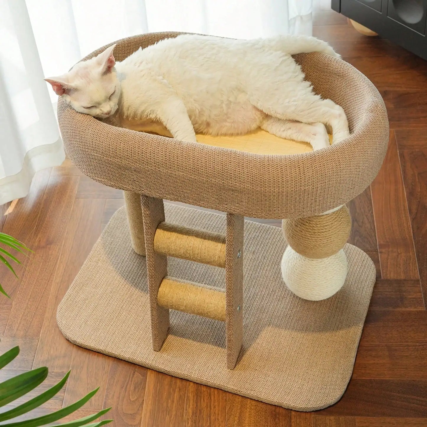 Multi-Level Cat Tree for Indoor Cats with Scratching Post, Large Bed, Cooling Mat, Ladder, Sisal Balls and Stable Base