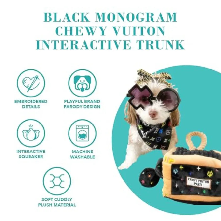 Black Monogram Chewy Vuiton Interactive Trunk Plush Designer Dog Toys with Interactive Squeaker Stimulating Pet Enrichment Mach
