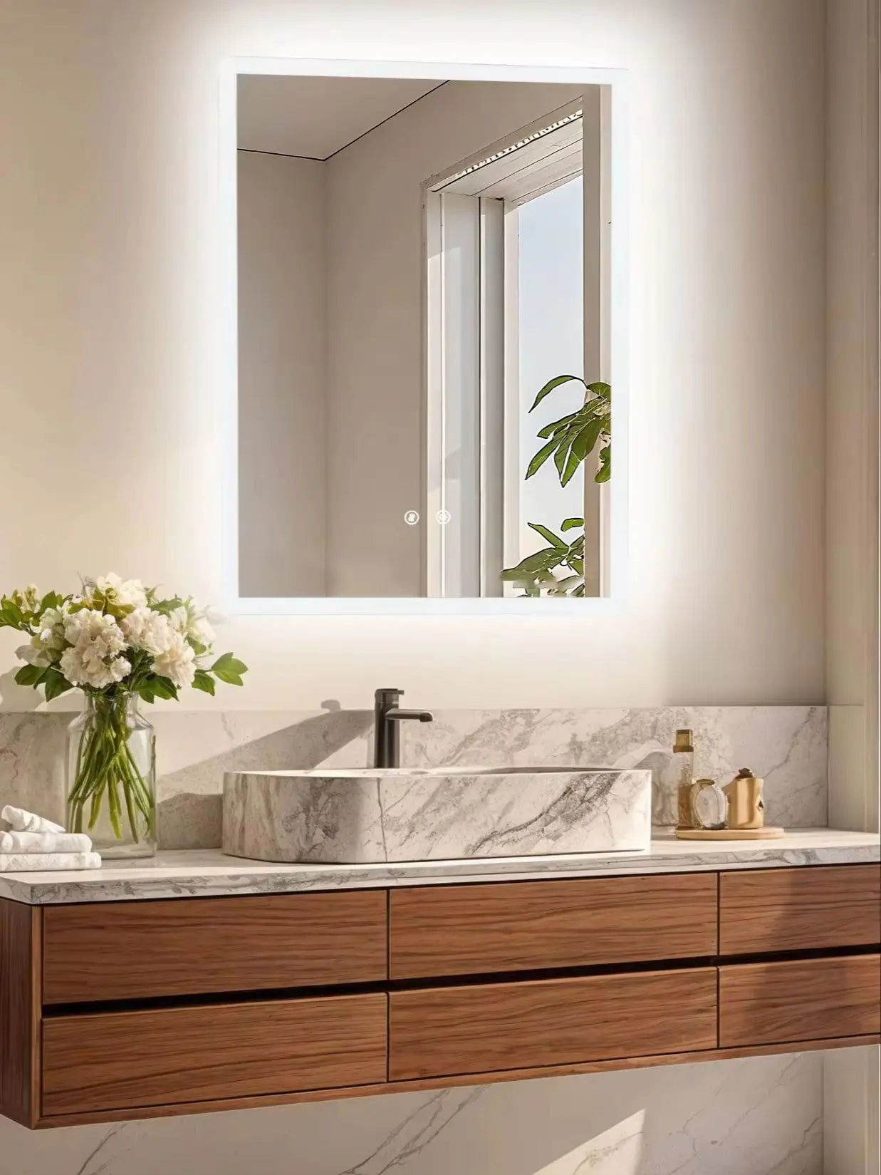 LED Rectangular Wall Mount Smart Bathroom Vanity Mirror Tempered Glass with 3 Color Temperature Options And Defog Feature for Makeup