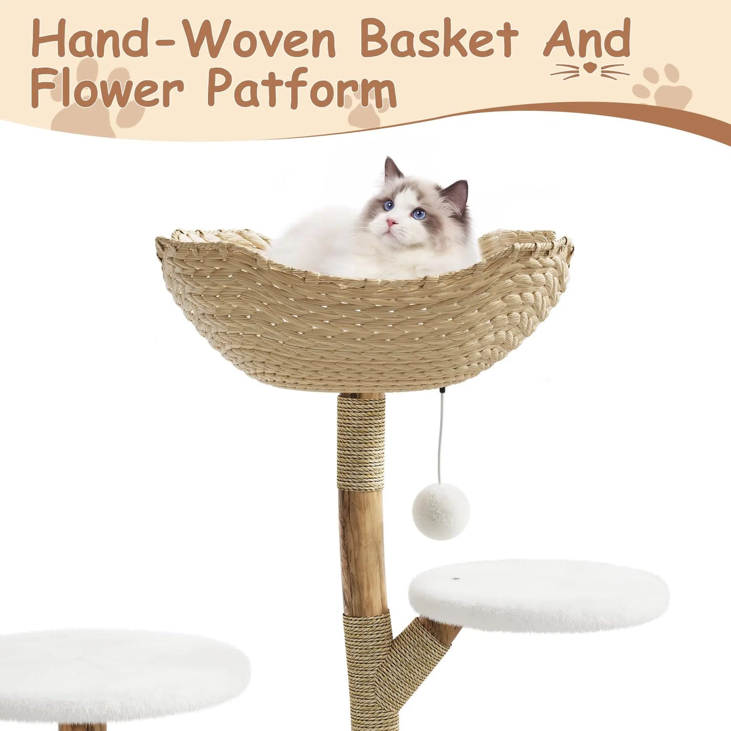 Real Wood Modern Cat Tree Tower With Wicker Condo Scratching Post Bed Boho Luxury Pet Furniture Indoor Cats Space-Saving