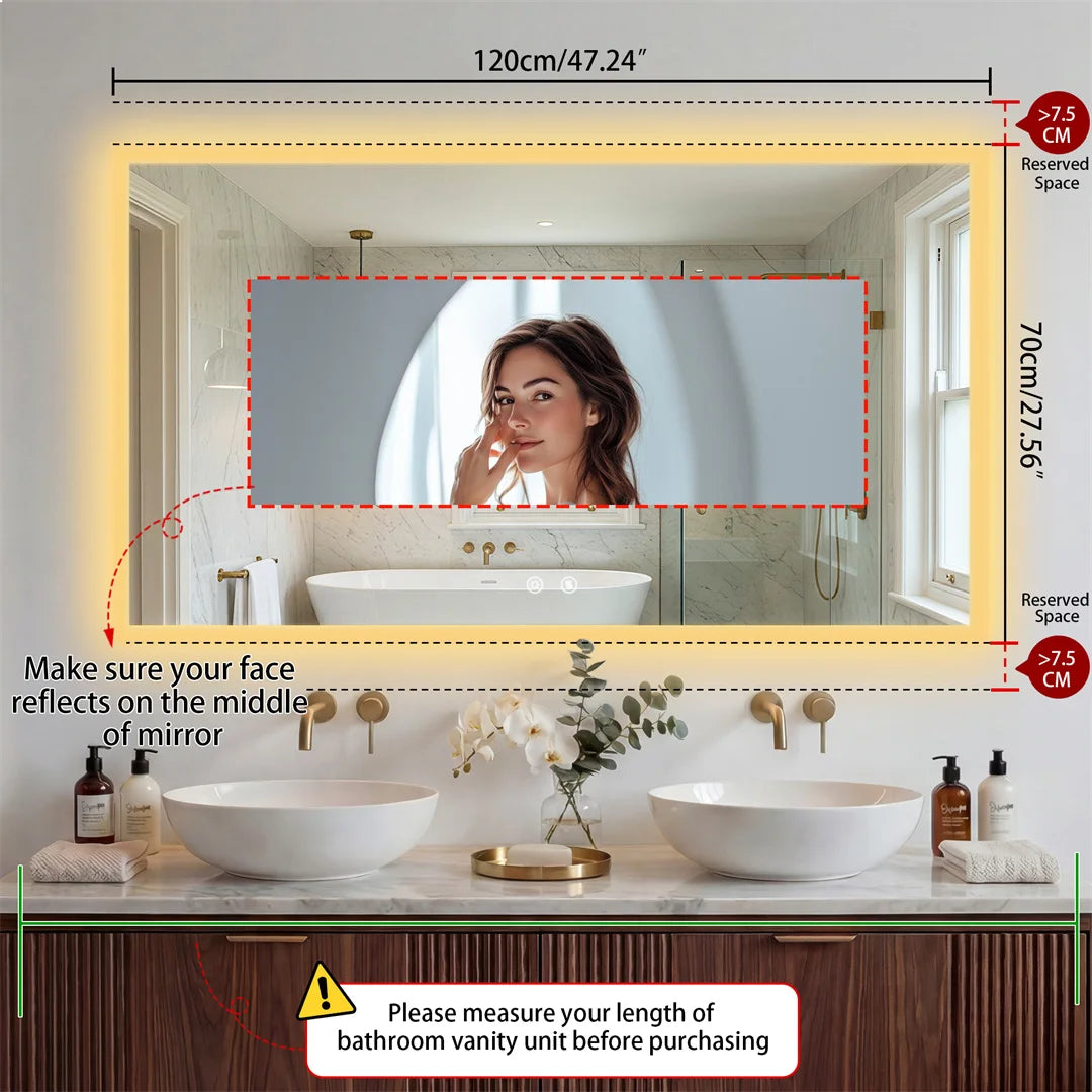 LED Rectangular Wall Mount Smart Bathroom Vanity Mirror Tempered Glass with 3 Color Temperature Options And Defog Feature for Makeup