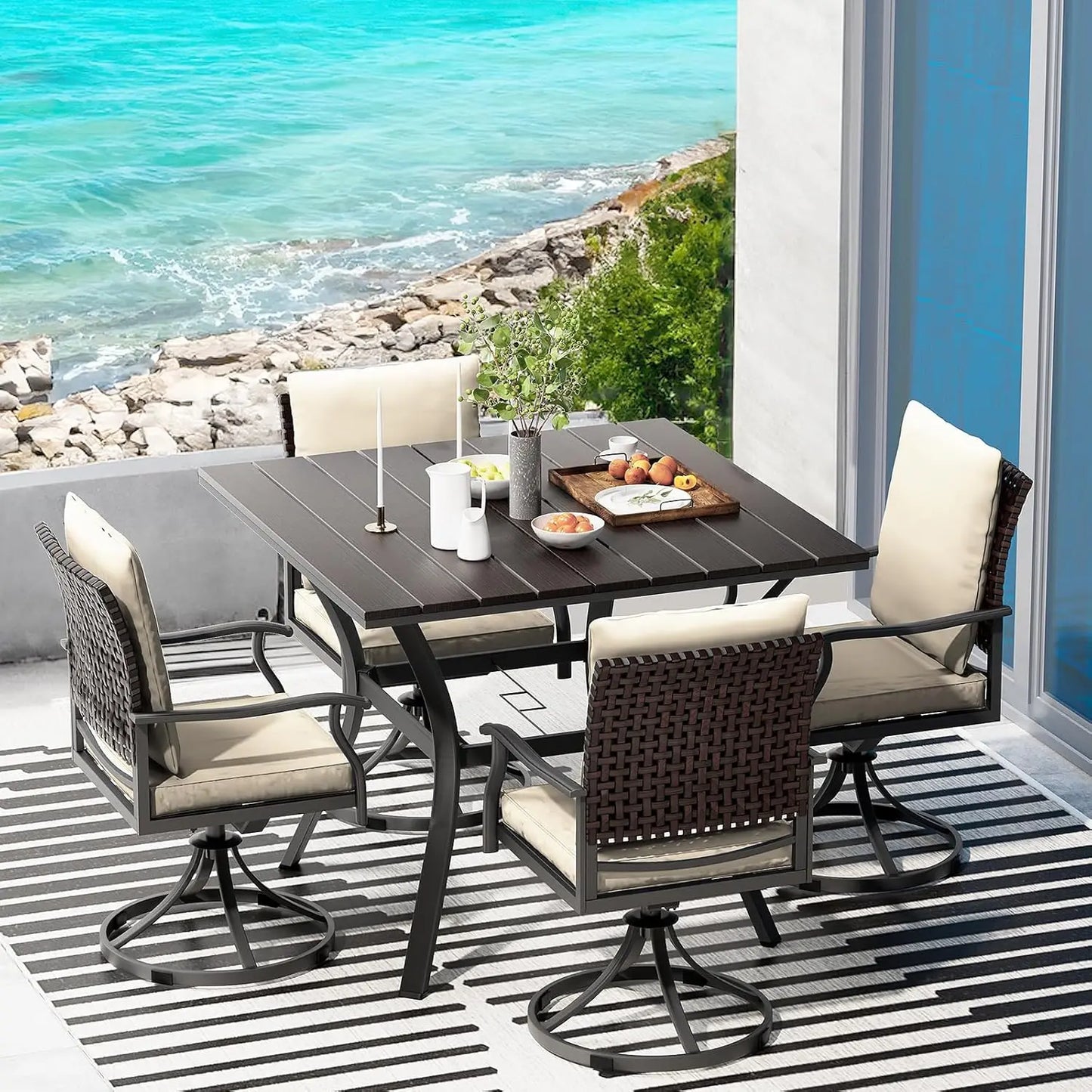 5 Piece Outdoor Patio Dining Set with 4 Swivel Dining Chairs & 1 Large Round Dining Table,Bistro Furniture Set for, Customized