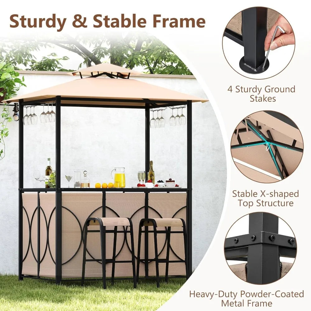 3-Piece Patio Bar Set, Grill Gazebo & 2 Bar Stools with Tempered Glass Bar Table, Metal Storage Shelves, Glass, Customized