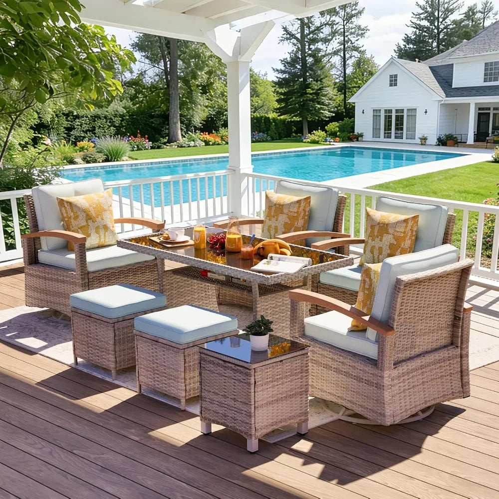 8 Pieces Patio Furniture Sets, PE Wicker Outdoor Conversation Sets with 2 Wood Armrests Swivel Rocker Chairs, 2, Customized
