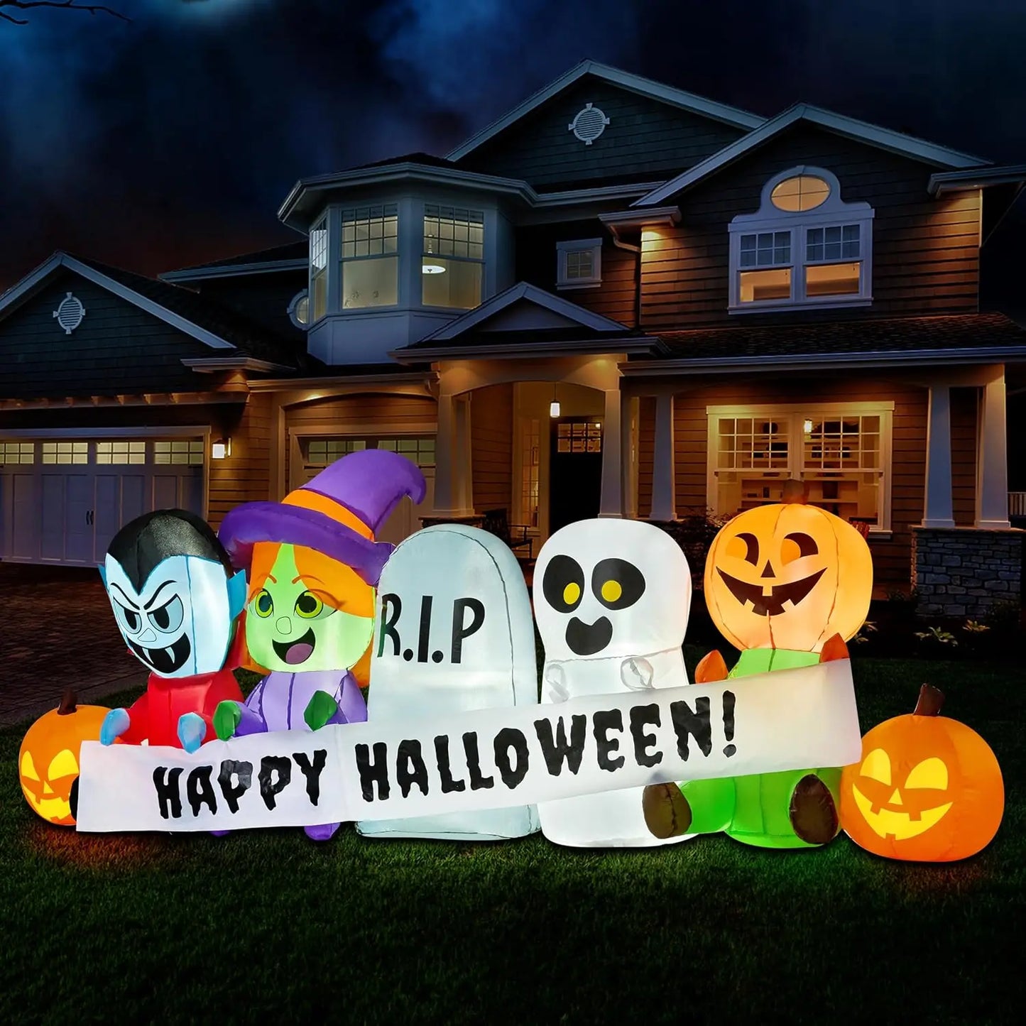 8 FT Long Pumpkin Ghost Vampire Witch Tombstone Inflatable Halloween Decor Outdoor Halloween Blow Up Decorations Inflatable  with LEDs for Yard Decorations