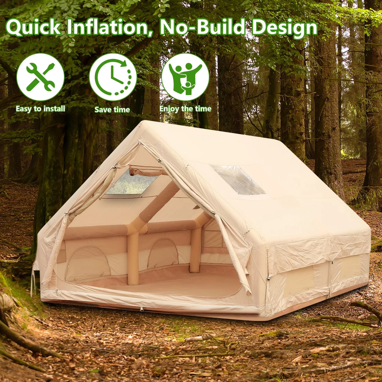 Inflatable Tent with Pump Glamping Camping Tents House Waterproof Windproof for 4 Seasons