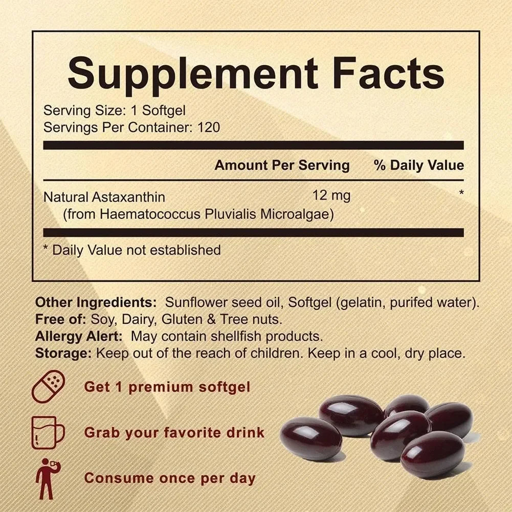 Astaxanthin 12mg with MCT Oil, Premium Astaxanthin Antioxidant Supplements Fresh Microalgae Source, Non-GMO, Gluten Free, No Soy
