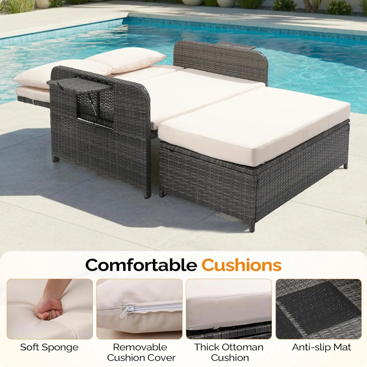 Patio Daybed, Wicker Outdoor Daybed with Storage Ottoman & 5-Level Adjustable Backrest, All-Weather Rattan Cushioned, Custom