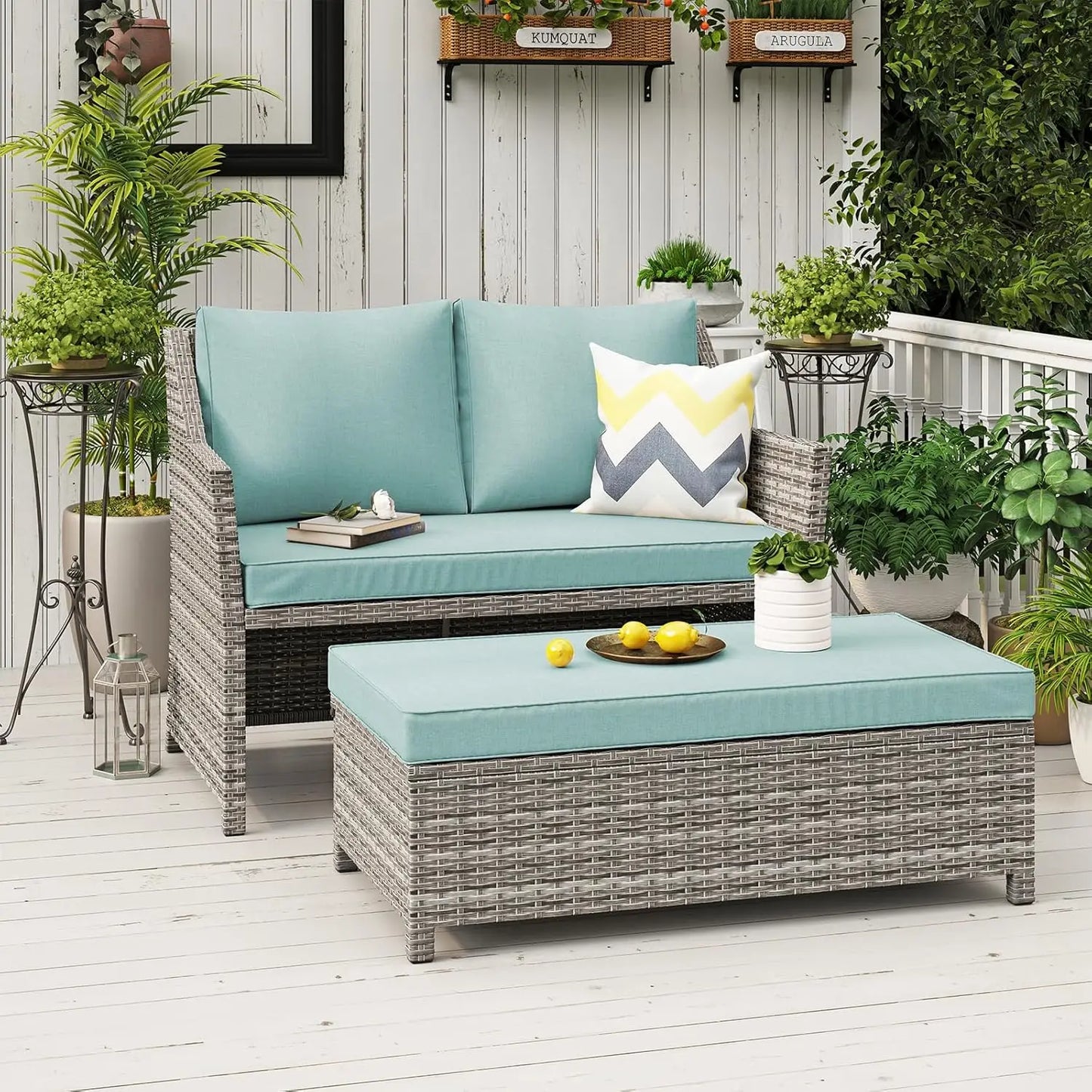 2-Piece Outdoor Patio Furniture Wicker Love-seat and Coffee Table Set, with Built-in Storage Bin, Grey Rattan, Grey, Customized
