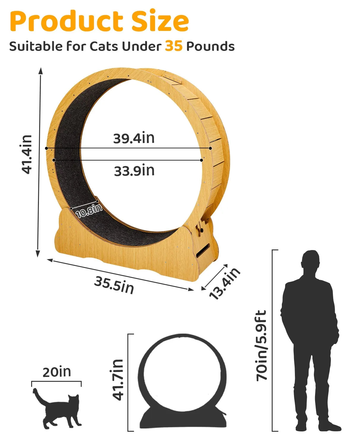 Indoor 34in Large Cat Treadmill for Natural Wood Cats Exerciser Wheel Toys