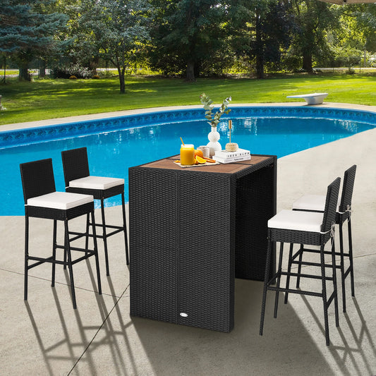 5-Piece Patio PE Wicker Bar Set Outdoor Acacia Wood Dining Table Stool Bistro