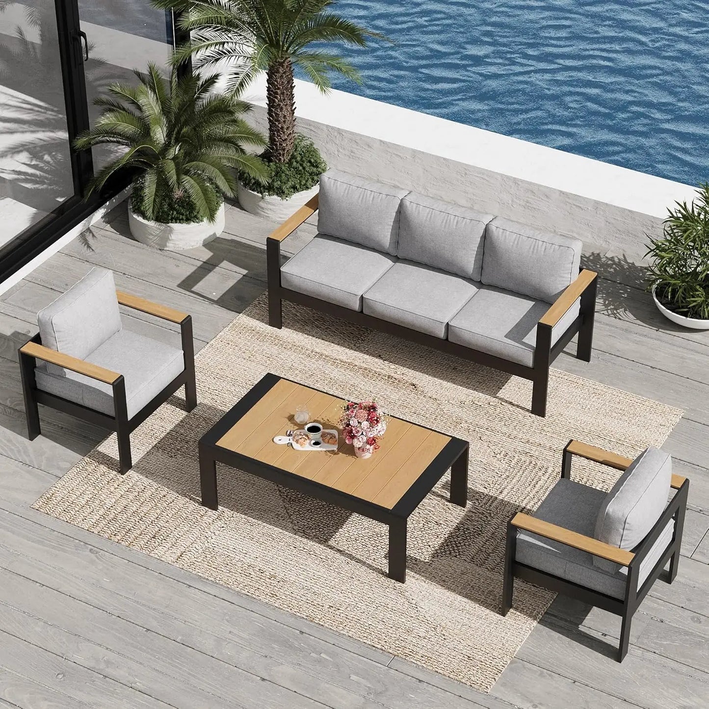 Aluminum Outdoor Patio Furniture Sets, 4 Piece Metal Patio Conversation Sets with Coffee Table with 5 Inch Cushion, Customized