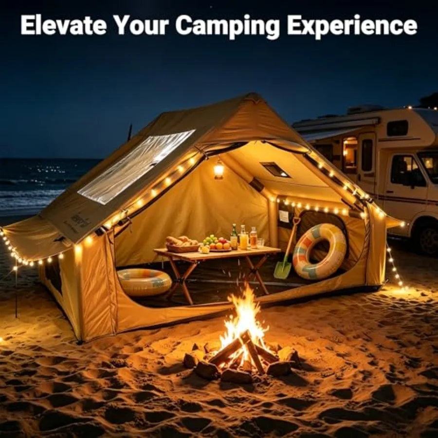 Glamping camping tent for 2-10 persons, heavy-duty waterproof windproof Oxford fabric, beige, quick 5-min setup with pump, pano