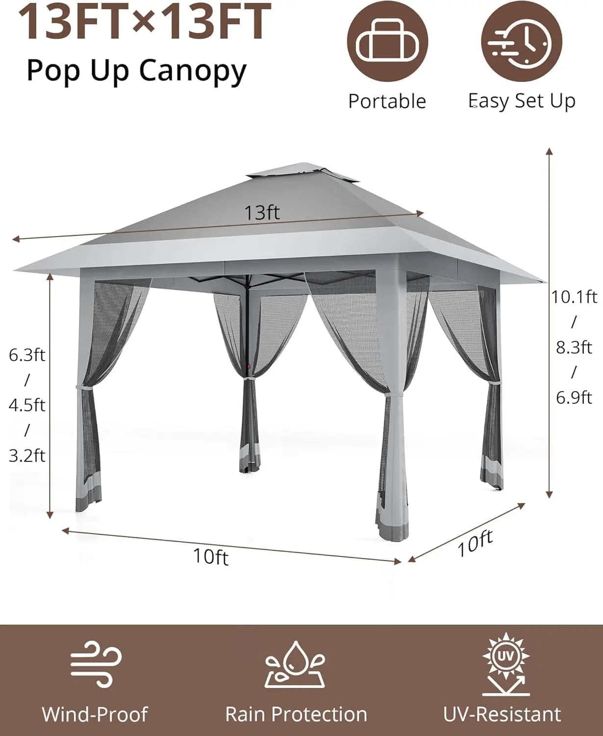 Pop-Up Outdoor Gazebo 13x13FT with Double Roof, Mosquito Netting, Adjustable Height, UV-Resistant Heavy-Duty Patio Canopy Tent