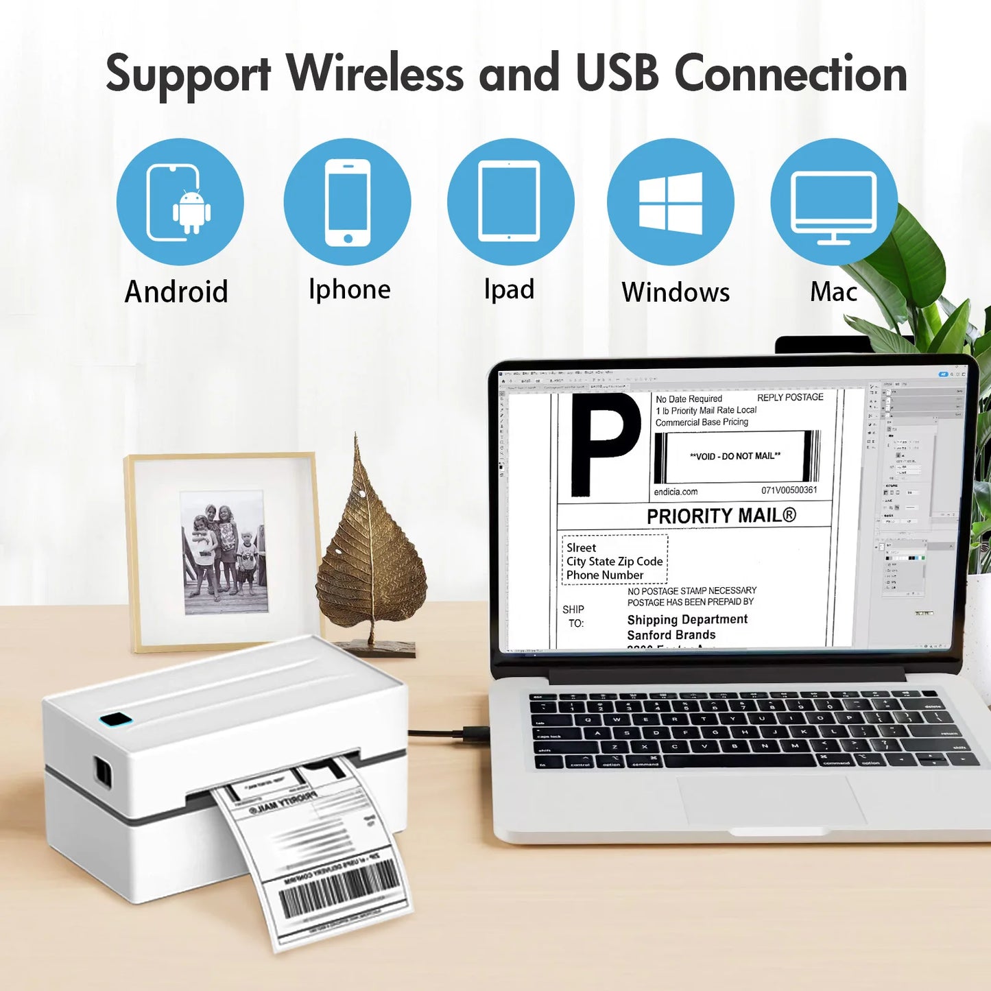 Bluetooth Thermal Printer Wireless High Speed 203DPI Label Printer 4x6 Mobile Printing For Office Work Home School Travel