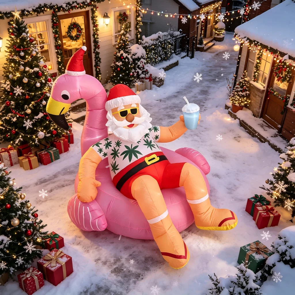 8.2FT Christmas Blow Ups Santa on Flamingo, Hawaiian Christmas with Built-in LED Lights,