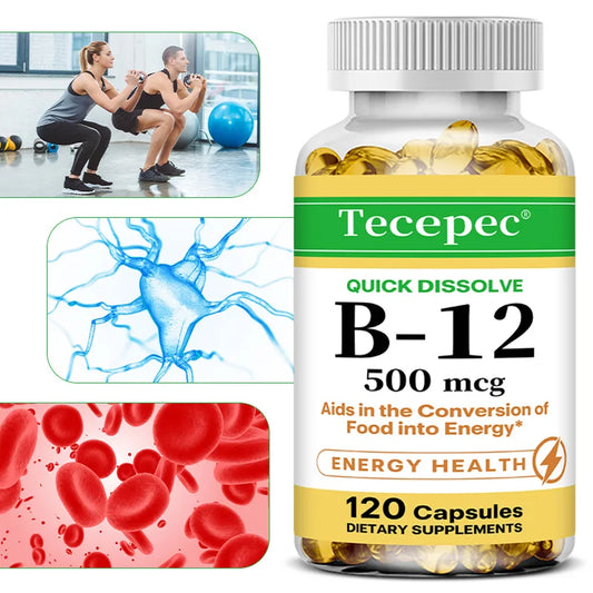 Vitamin B12 Capsules 500mcg - Support Energy, Brain, Heart, Immune Health, Mood, Metabolism & Neurosystem, Vegan, 120 Capsules