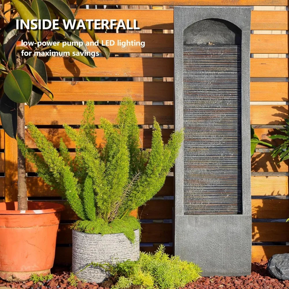 Modern Indoor Water Fountain Curved Faux Slate Waterfall Fountain with LED Lighting, 42.5-Inch Tall Tiered Waterfall Fountain fo