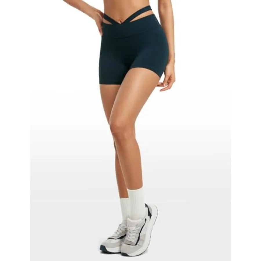 INGIA Womens Biker Shorts 4 Inch High Waisted No Front Seam Hollow Belt Running Workout Yoga Shorts