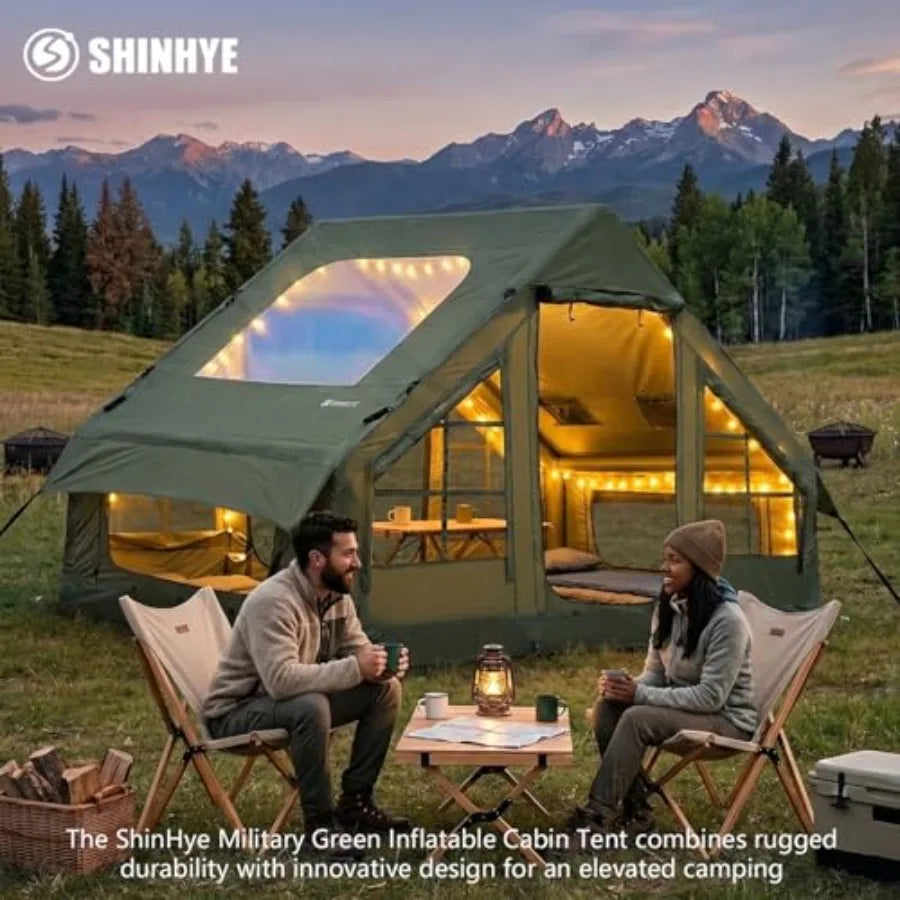 Camping inflatable tent with waterproof Oxford fabric, beige, easy setup via pump for 2/3/4 persons, all-season hot cabin air t