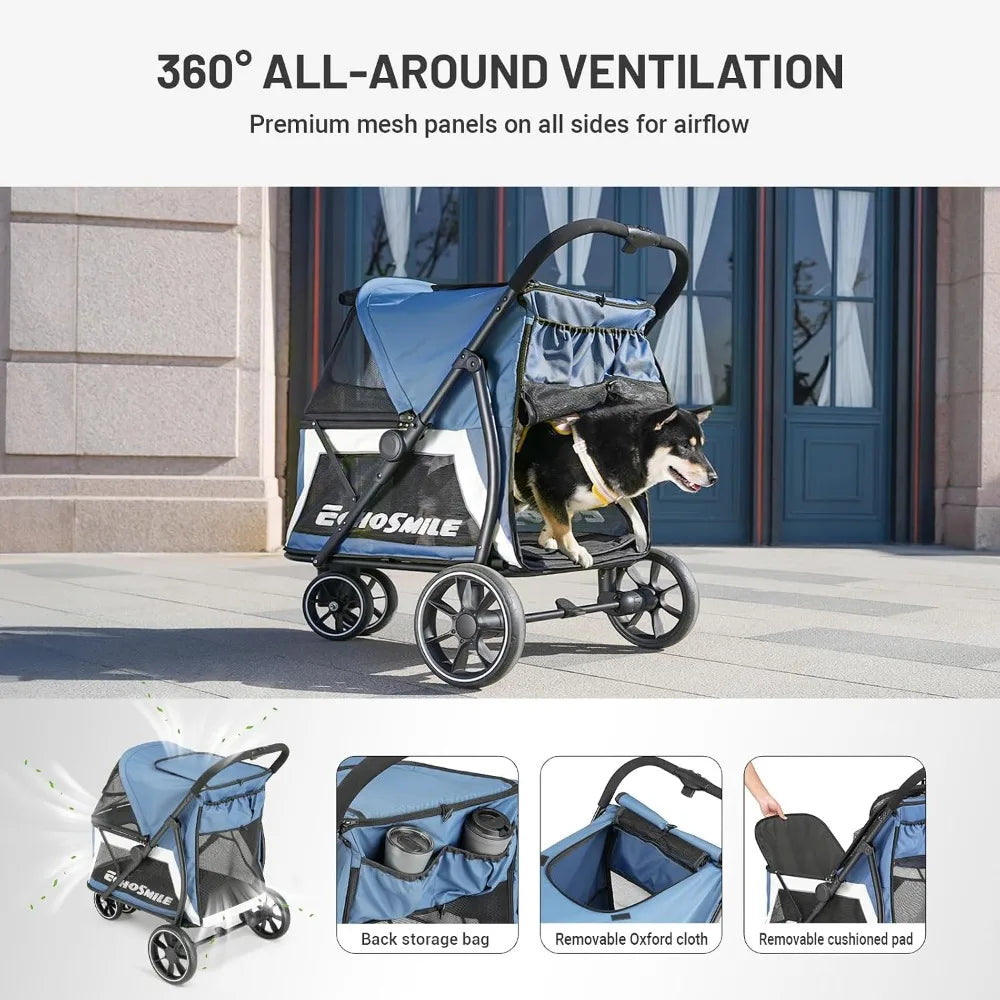Foldable Pet Stroller for Medium & Small Dogs, 3-Wheel with Brakes, All-Terrain Carrier with Breathable Mesh, Safety Leash & Storage Pocket