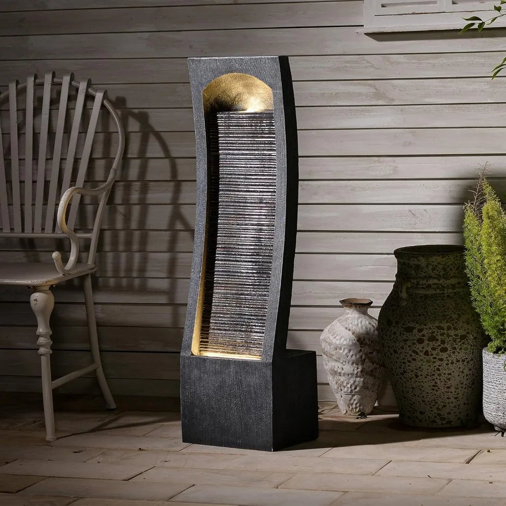 Modern Indoor Water Fountain Curved Faux Slate Waterfall Fountain with LED Lighting, 42.5-Inch Tall Tiered Waterfall Fountain fo