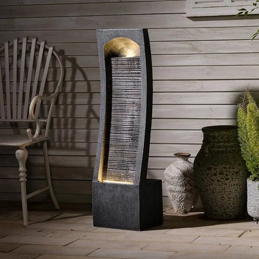 Modern Indoor Water Fountain Curved Faux Slate Waterfall Fountain with LED Lighting, 42.5-Inch Tall Tiered Waterfall Fountain fo
