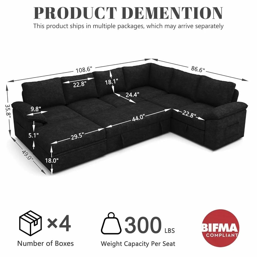108 Inch Modular Sectional Sofa with Pull Out Bed, U Shaped 7 Seat Sectional Sleeper Sofa with Storage, Sectional, Customized