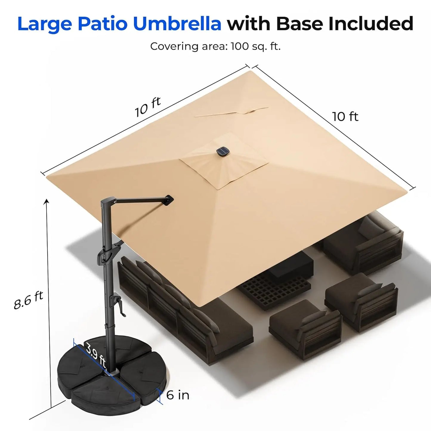 10 ft Square Cantilever Patio Umbrella with Base Included, Solar Lights Large Umbrella Outdoor Patio with, Customized
