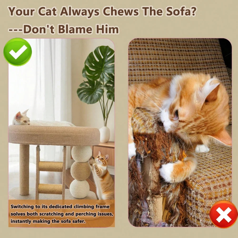 Multi-Level Cat Tree for Indoor Cats with Scratching Post, Large Bed, Cooling Mat, Ladder, Sisal Balls and Stable Base