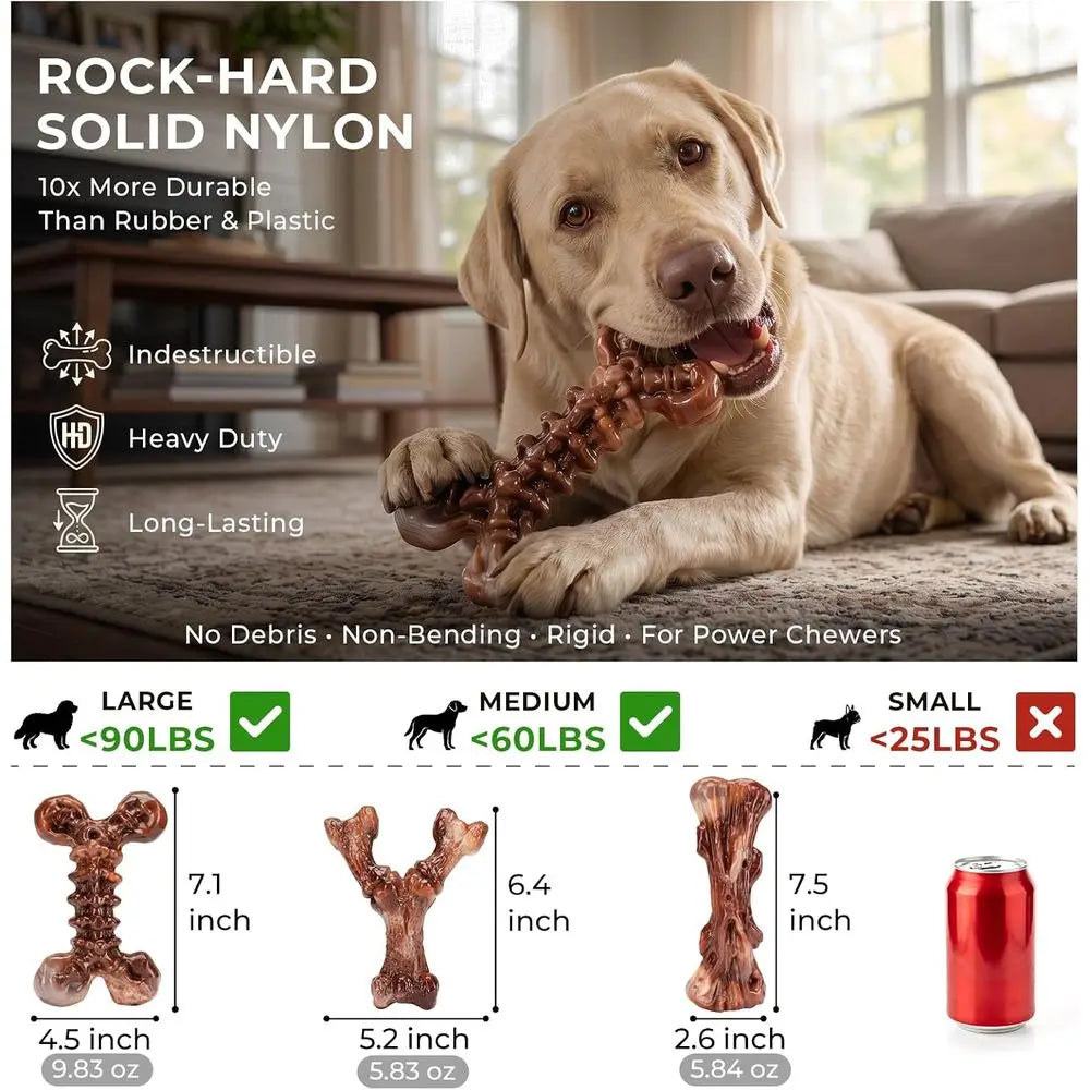 3-Pack Indestructible Dog Chew Toys or Aggressive Chewers: Bacon Flavored Rock-Hard Solid Nylon, Tough Dog Bones for Medium/Larg